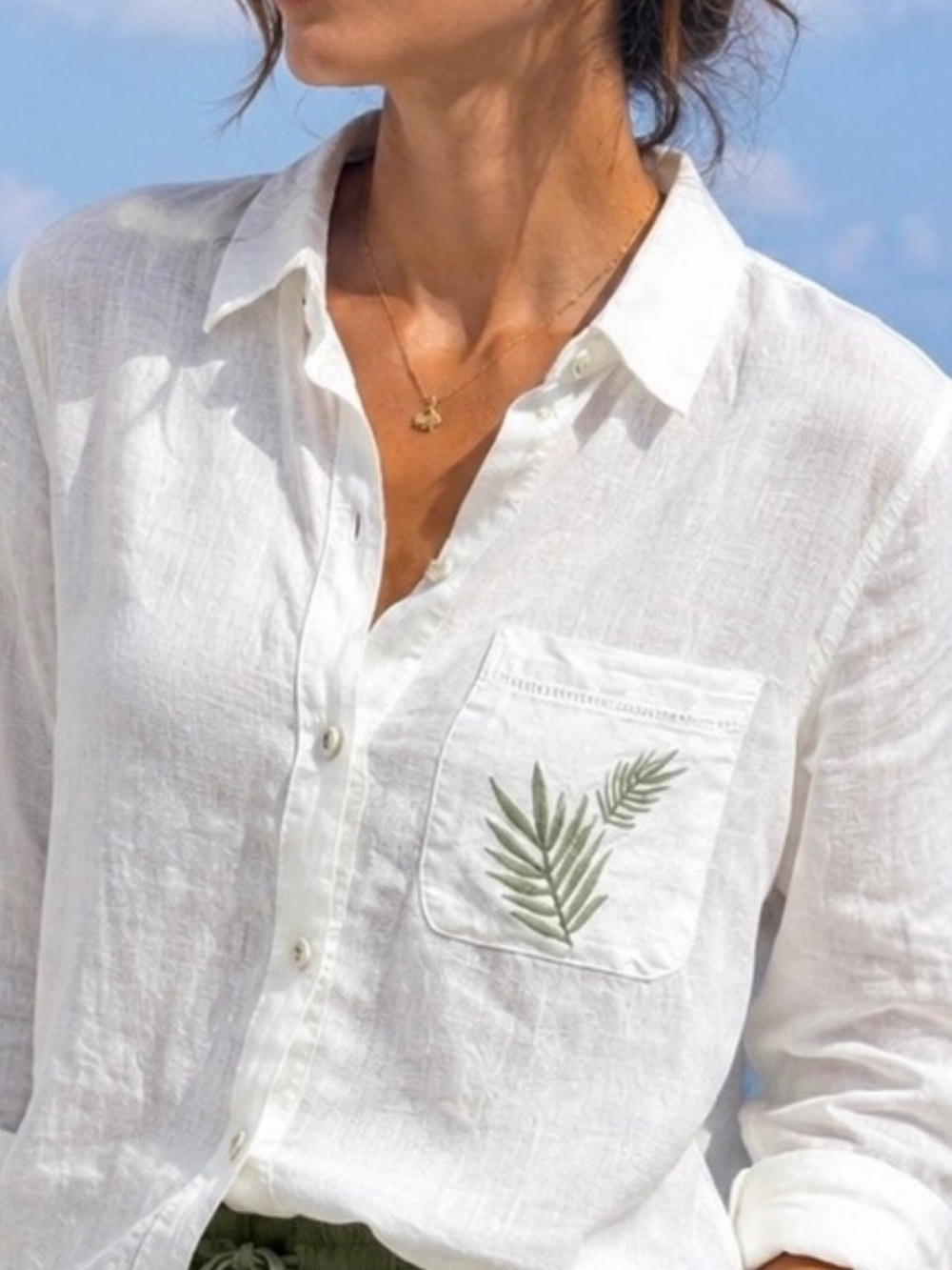 NWT Calypso St. Barth Womens White 100% Linen Embroidered Palm Leaf Shirt medium